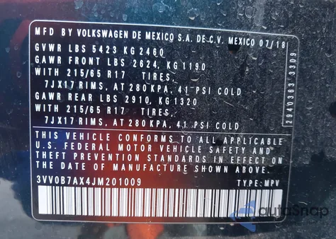 2018 Volkswagen Tiguan 2.0T S из США, поврежденный, VIN 3VV0B7AX4JM201009